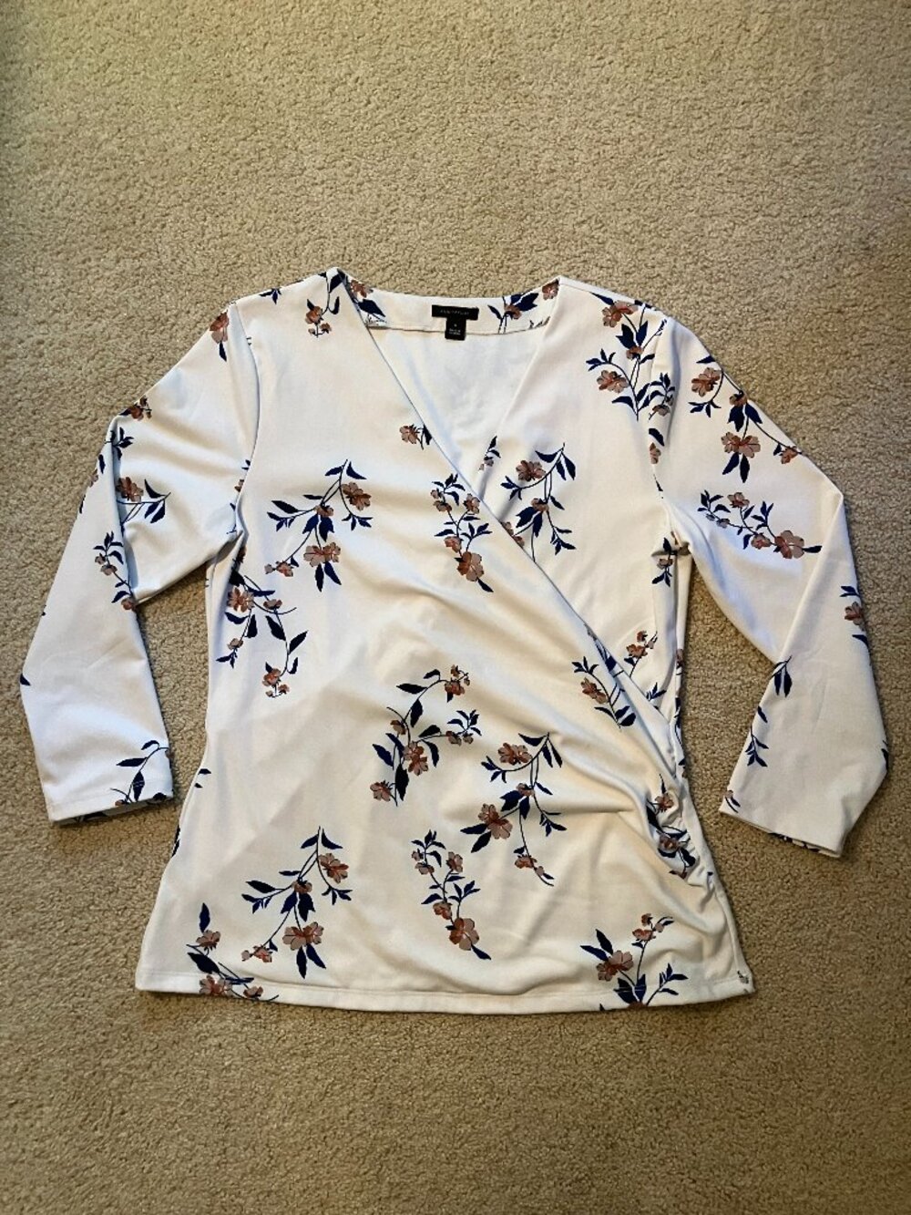 Ann Taylor 3/4 Sleeve Wrap Top, Size M, Cream with Blue/Navy Floral Print